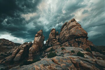 Majestic rock formations under stormy skies. Nature's sculpture garden of weathered stone giants facing an angry sky.