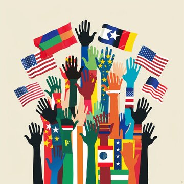 A colorful illustration featuring diverse hands holding flags from various nations, symbolizing multicultural unity and global togetherness in a vibrant, dynamic style.