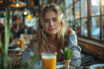 Blonde in cozy cafe, warm lighting. Striking blue eyes, soft smile. Gray sweater. Orange drink on table. Relaxed vibe.