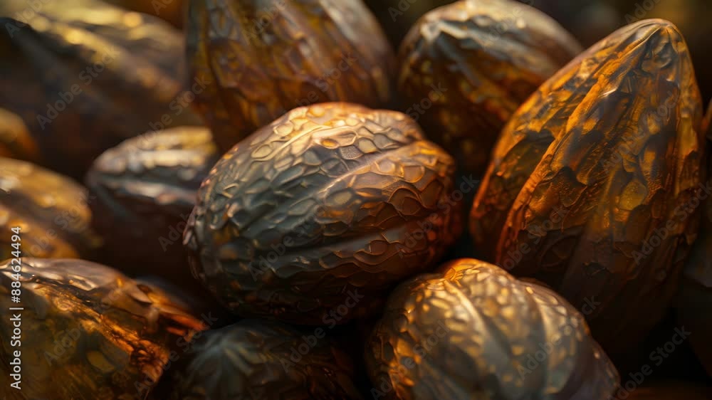 Poster a macro shot of cacao beans showcases their unique shape and reveals intricate patterns within their