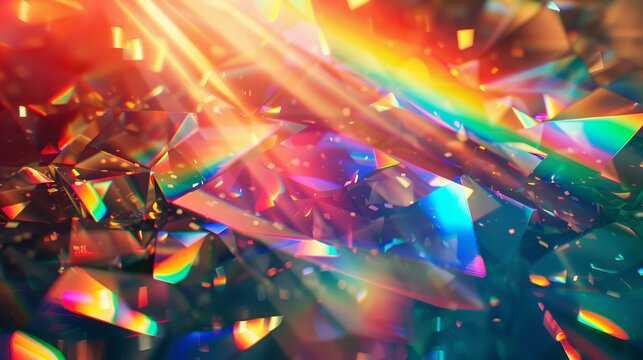 This vibrant image features abstract prismatic reflections along with bright colors, creating a mesmerizing display of light and color spectrums in a chaotic arrangement.