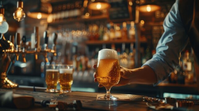 Cozy evening in a rustic bar with three glasses of draft beer served on the wooden counter. Warm ambient light creates a welcoming atmosphere. Perfect for social gatherings and relaxation. AI