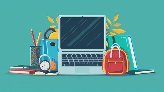 A well-arranged desk featuring a laptop, books, a colorful backpack, and various stationery items, symbolizing learning and organization in a vibrant educational environment.