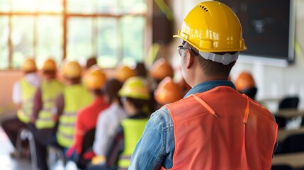 A worker in the foreground wearing a yellow helmet and orange vest facing a group of workers, all in safety gear, attending a construction safety training session.