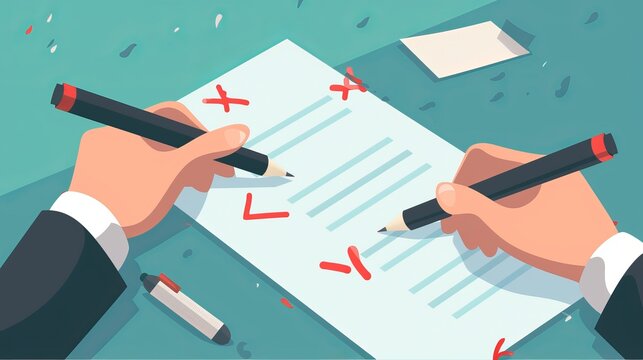 Illustration of a person using two pens to edit and review a document on a green background, emphasizing the importance of careful editing and precision in the modern era.