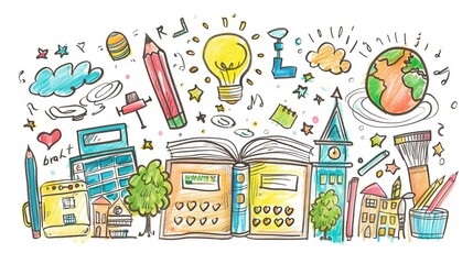 An intricate hand-drawn doodle featuring various objects related to school life, such as pencils, books, a globe, and a clock, representing the detailed and imaginative world of education.