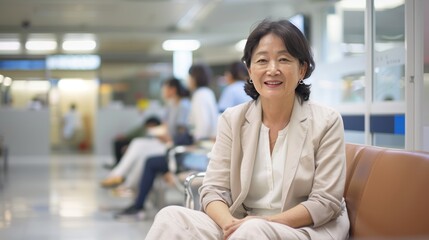 middle aged asian woman in hospital waiting room