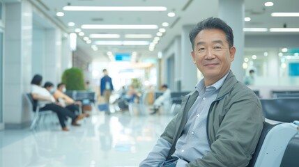middle aged asian man in hospital waiting room