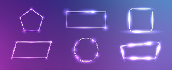 Set of neon double frames with shining effects