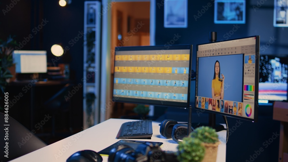 Aufkleber empty multimedia creative studio with photo editing software on pc display. industry standard retouc