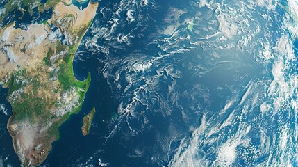 A view of Earth's partial hemisphere showing the east coast of Africa, including the Horn of Africa, Middle East, and a portion of the Indian Ocean with atmospheric conditions.