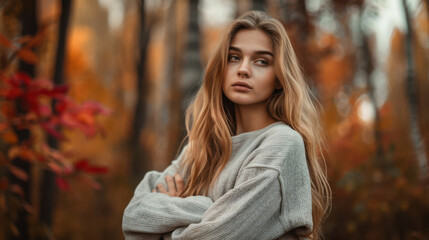 Obraz premium A photographic portrait of a young woman standing in an autumn forest, long blonde hair slightly tousled, wearing a light gray sweater and a white shirt, with her arms crossed
