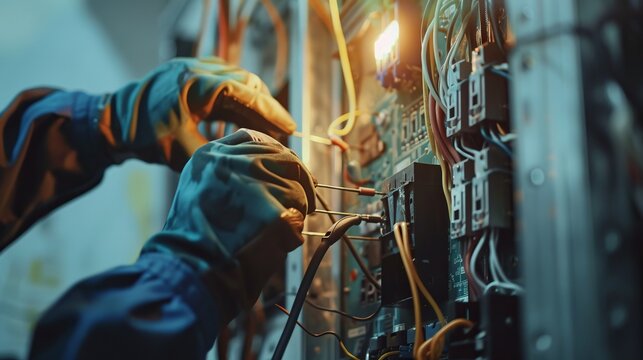 An electrician wearing insulated gloves works meticulously on an intricate circuit board with numerous wires, highlighting a scene filled with precision and technical skill.