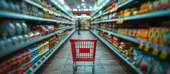 Wide supermarket aisle scene showcasing an empty red shopping cart fully stocked shelves and a softly blurred customer background creating a dynamic shopping environment.