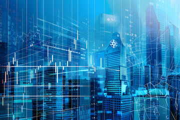 Abstract image of buildings overlaid with financial data graphs, symbolizing real estate market analysis on a blue background