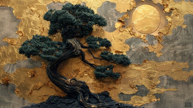 3d artwork in gold and green. A tree under a golden sun. Abstract wallpaper background.