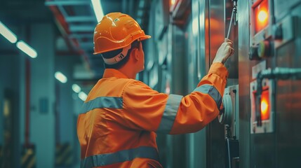 A worker in orange safety gear and helmet is adjusting machinery inside a factory with illuminated control panels, ensuring the proper functioning of industrial equipment.