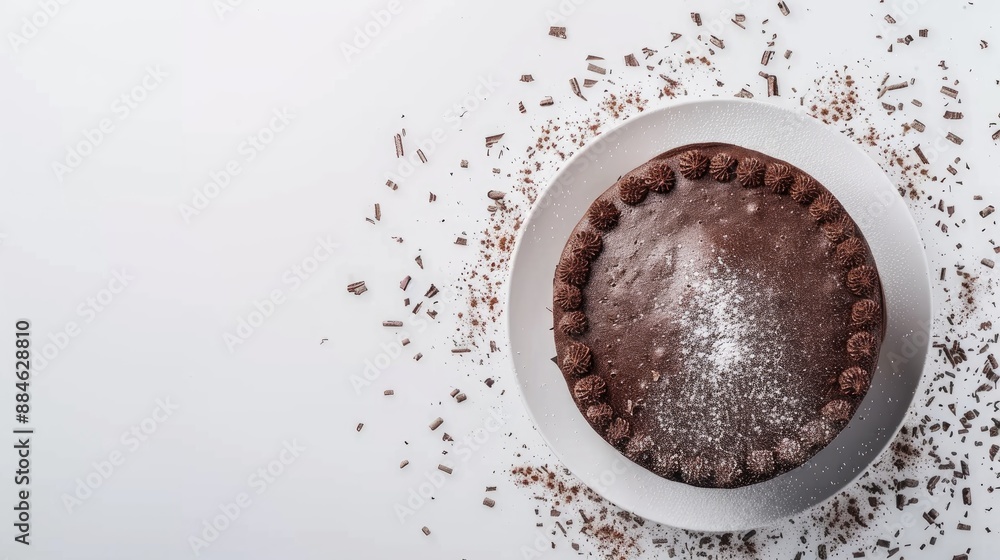 Poster simple chocolate cake on white background with space overhead view beloved treat with cocoa