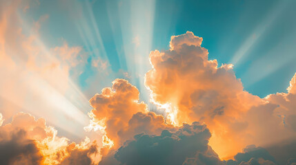 A photograph of golden sunlight breaking through fluffy clouds, beams of light radiating across a vibrant blue sky