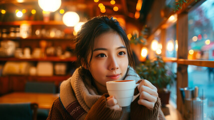 カフェでホットコーヒーを楽しむ若い日本人女性