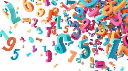 A vibrant and chaotic collection of colorful 3D numbers in various sizes, scattered and floating against a clean, white background, creating an abstract visual effect.