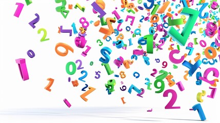 Bright and diverse 3D numbers explode and float upwards against a pristine white background, forming a dynamic and lively visual display full of motion and energy.