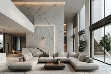 Bright moody beautiful interior design living room with low sofa marble accent professionally styled minimal modern penthouse loft Made with