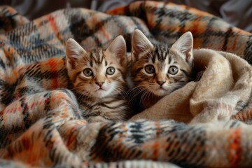 Two adorable tabby kittens cozying up in a warm plaid blanket with curious eyes