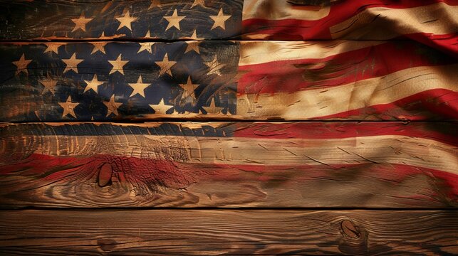 A weathered and narrative-rich depiction of the U.S. flag against a rustic wooden backdrop, symbolizing classic American heritage and historical importance.