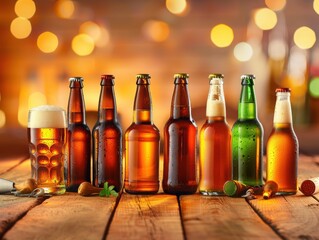 Assortment of beer bottles and a glass of beer on a wooden table with a blurred background of warm lights.