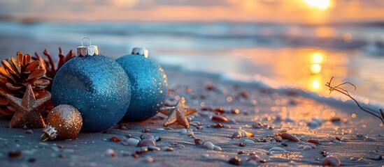 Blue Christmas Ornaments on a Sandy Beach at Sunset