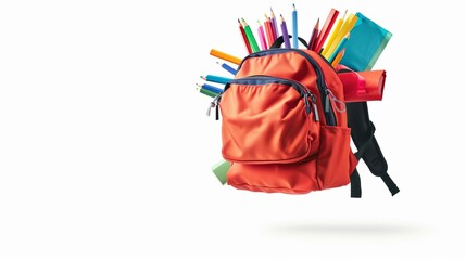 An orange backpack filled with various colorful stationery items including pencils and notebooks, symbolizing school readiness and organization on a plain white background.