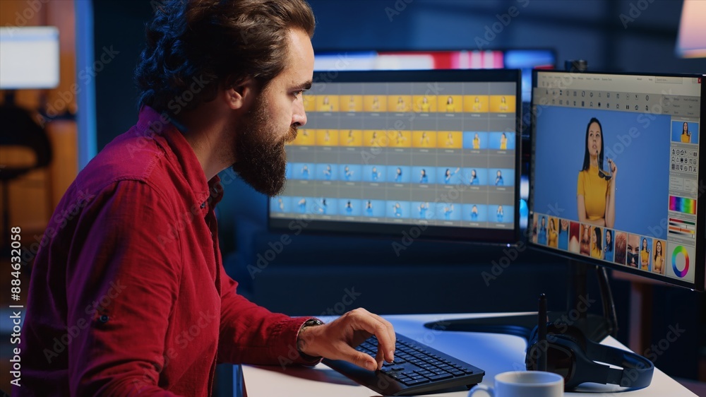 Aufkleber expert photo editor enhancing images with precision using graphic tablet in home studio, close up. p
