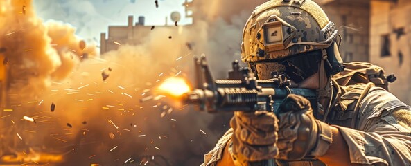 Intense battlefield action scene with soldier firing weapon amidst urban combat. This intense and gripping image showcases the heat of battle with realistic attention