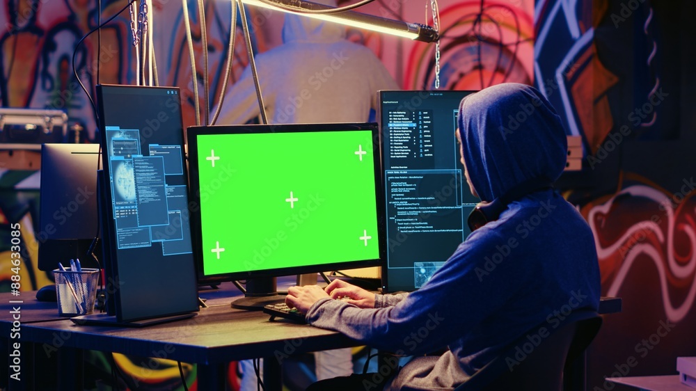Poster hackers using green screen pc to code malware designed to exploit network backdoors. cybercriminals 