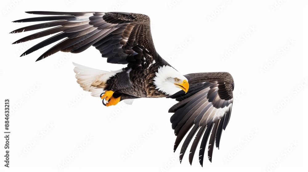 Poster magnificent bald eagle soars with its wings outstretched, displaying its impressive wingspan and com