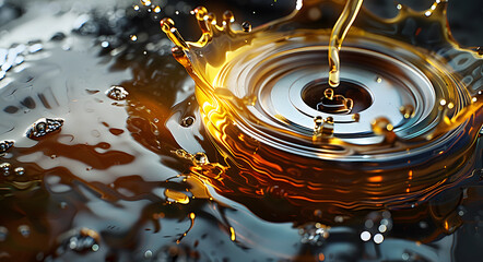 Ola de aceite salpicando en motor de Coche con aceite lubricante. Concepto de lubricar el aceite del motor y engranajes.