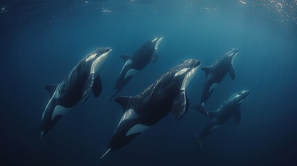 Obraz premium Pod of Orcas Swimming Underwater in the Ocean
