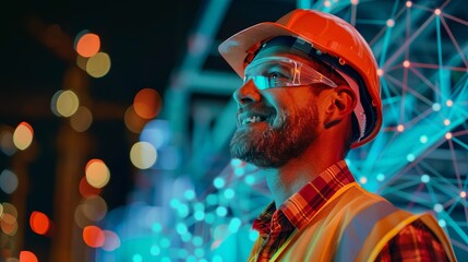 A construction worker wearing a protective helmet and high-visibility vest stands in front of a futuristic, brightly lit background with digital network effects.