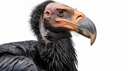 California condor displaying its orange head and beak against a white backdrop