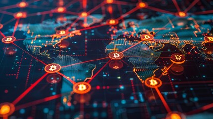 This image features a digital world map with Bitcoin symbols connected by network lines, symbolizing the global distribution and interconnectivity of cryptocurrency transactions.
