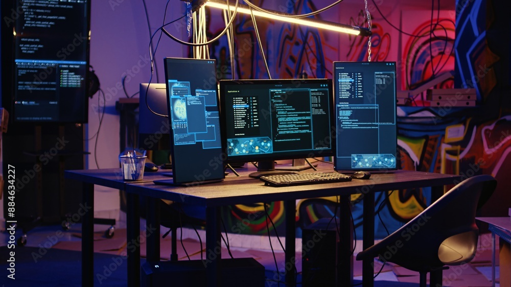 Poster jib down shot of advanced technology computer system running malicious code in empty warehouse. pc m
