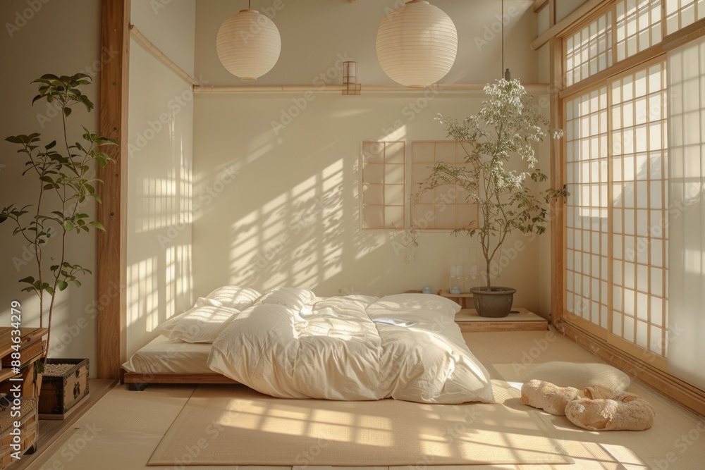 Poster a cozy bedroom with a bed and several large windows, perfect for capturing natural light and enjoyin