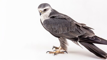 Fototapeta premium Falcon with gray and white plumage standing on a white background looking down