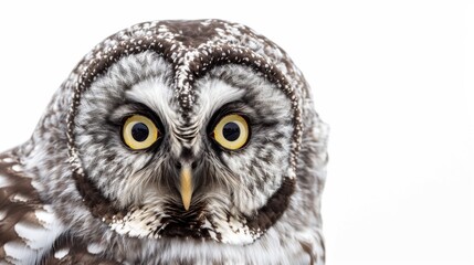 Obraz premium Majestic northern hawk owl portrait with intense yellow eyes against a white backdrop