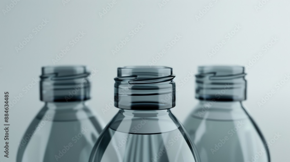 Poster three empty water bottles sit side by side on a surface
