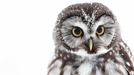 Naklejka premium Close-up of a fierce boreal owl staring intensely, with intricate plumage and piercing eyes against a white background