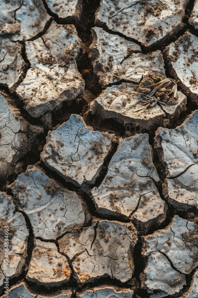 Poster a close-up view of a cracked dirt surface, suitable for use in editorial or educational contexts whe