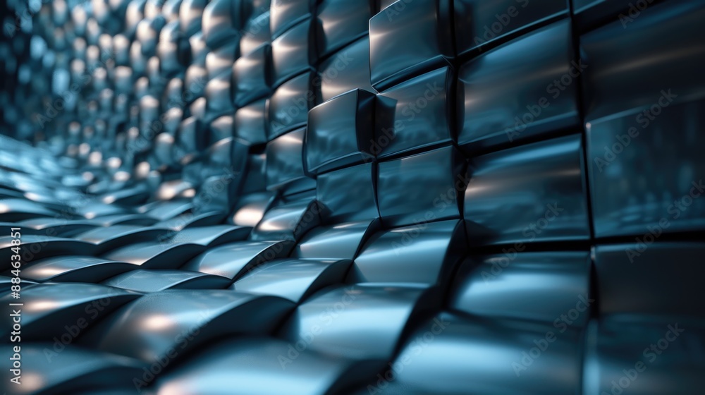 Poster a close-up view of a wall constructed from shiny metal blocks