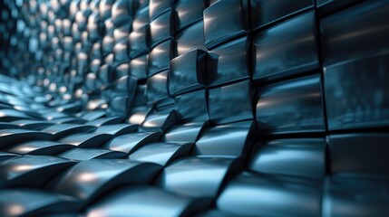 Fototapeta premium A close-up view of a wall constructed from shiny metal blocks